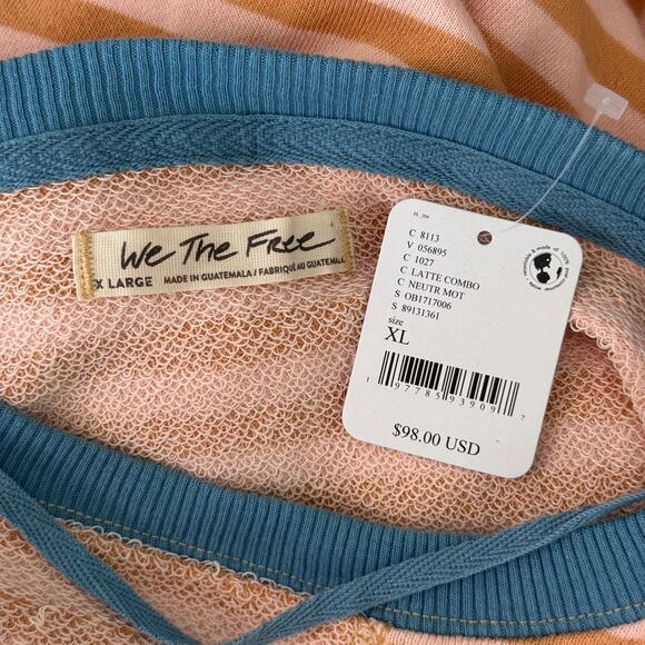 Free People Sweatshirt Womens XL Classic Striped Oversized Crewneck Latte NEW - Picture 3 of 10